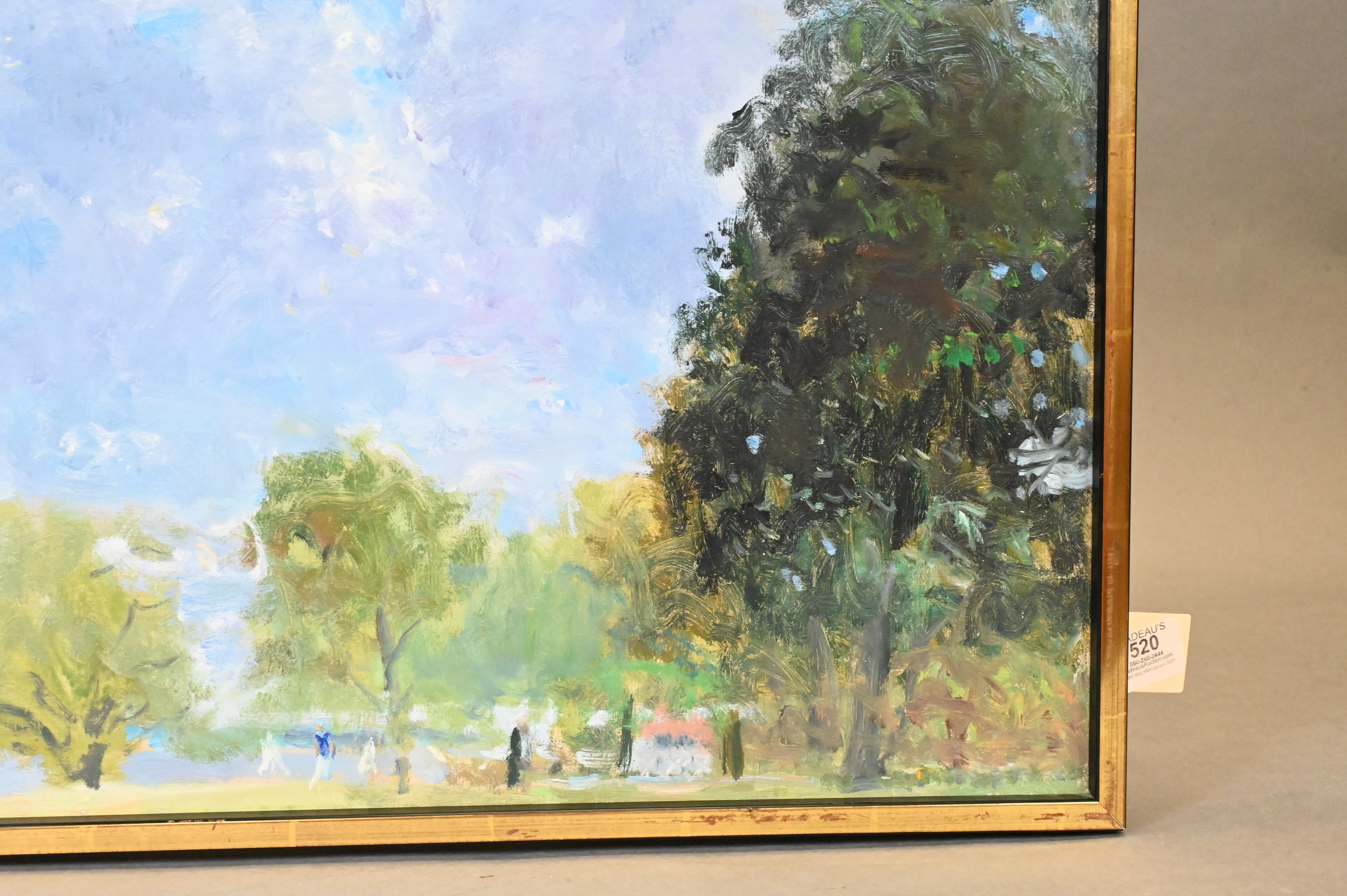A serene landscape painting featuring a vast blue sky, distant trees, and tiny figures on a grassy shore.