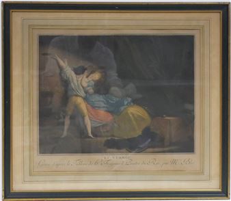 A dramatic, shadowed scene of a man and woman in an intimate embrace.