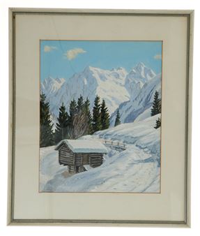 A framed painting of a snowy mountain landscape featuring a rustic cabin and distant peaks.