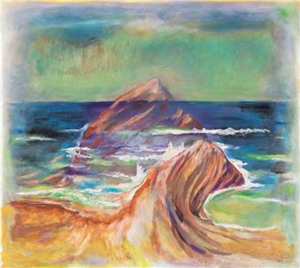 A vibrant seascape painting featuring a large rock formation and ocean waves rendered in bold, expressive brushstrokes.