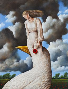 A surreal painting of a woman in a white dress standing on the neck of a giant bird, holding a red poppy against a dramatic cloudy sky.