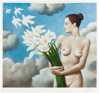 A nude figure holds white calla lilies against a blue sky with clouds and flying birds.