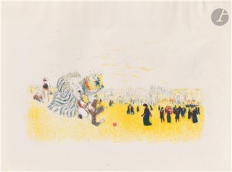 A vibrant, loose sketch of a park scene featuring a large striped figure and numerous small figures in the distance.