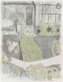 A muted-toned watercolor scene of a garden with a person sitting on a bench.