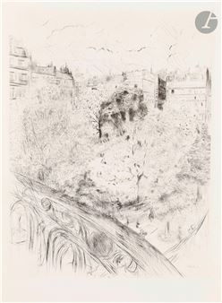 A monochromatic sketch of an urban park scene viewed from a balcony.
