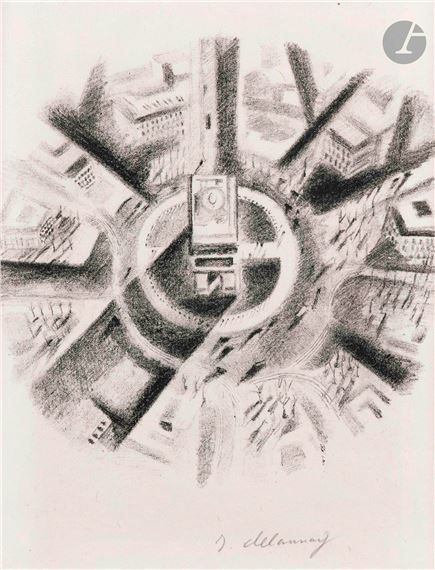 A monochromatic top-down view of a city square with a central monument, rendered in a swirling, abstract style.