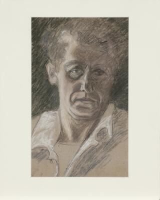 A charcoal portrait of a person with an intense gaze, rendered in monochromatic tones.