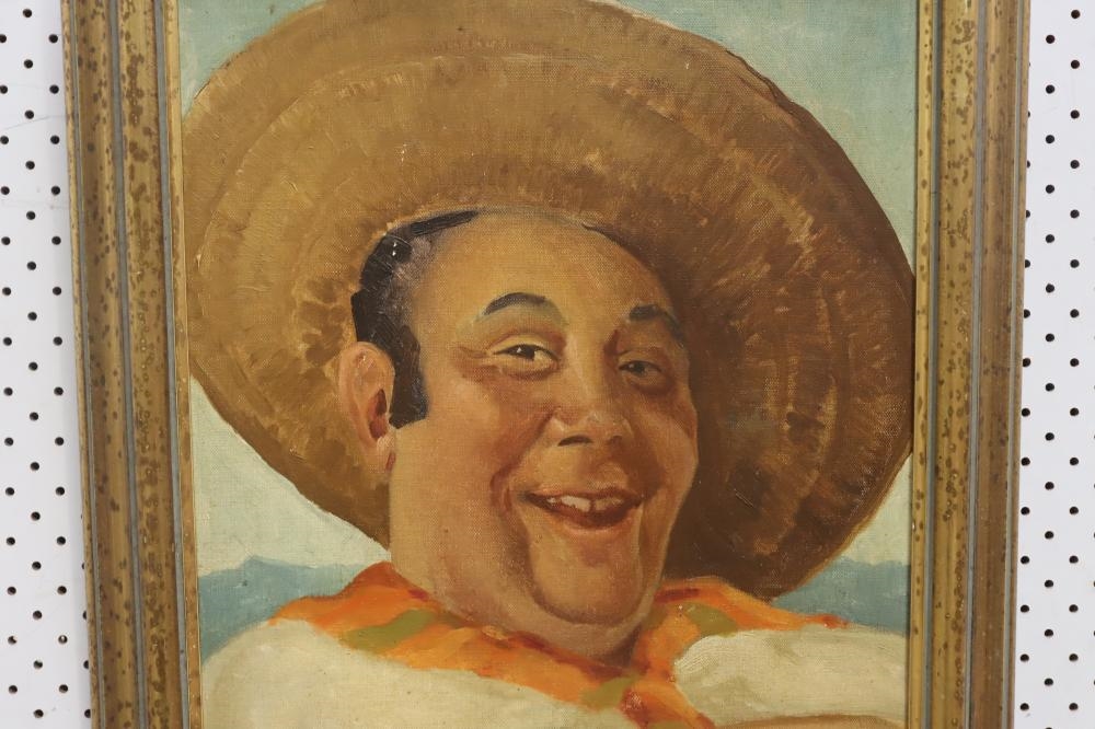 A framed portrait of a smiling man in a sombrero and white shirt against a polka-dotted background.