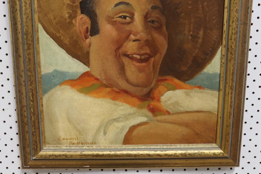 A framed portrait of a smiling man in a sombrero and white shirt against a polka-dotted background.