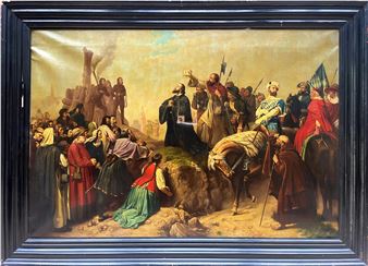 A dramatic historical painting depicting a gathering of figures in medieval attire around a central figure on horseback.
