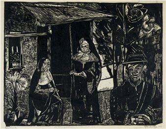 A stark woodcut print depicting four figures in a rural setting with heavy shadows and expressive linework.