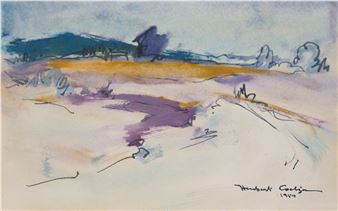 A loose watercolor landscape with a purple foreground and distant hills.