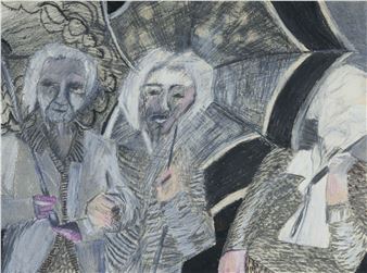 A textured charcoal drawing of three elderly figures under an umbrella.