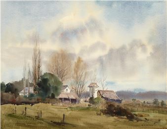 A watercolor landscape of a rural village with thatched-roof buildings under a cloudy sky.