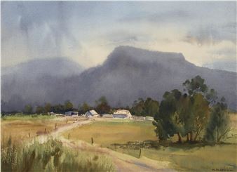 A serene watercolor landscape featuring a rural settlement nestled at the foot of a misty mountain.