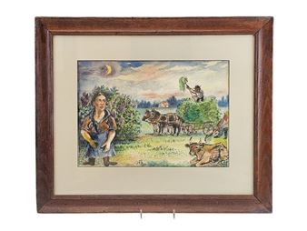 A framed pastoral scene depicting a woman and rural farm life.