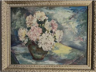 A still life painting of a bouquet of white and pink flowers in a vase, rendered in an impressionistic style.