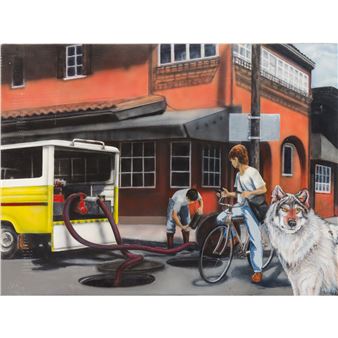 A surreal street scene featuring a fire truck, two figures, a bicycle, and a large wolf-like dog.