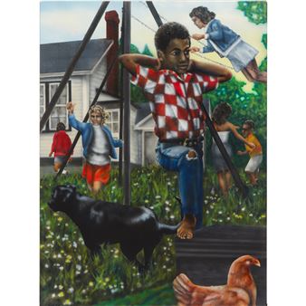 A surreal, layered scene of children playing on a swing set with a black dog and a chicken in the foreground.
