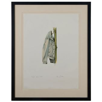 A minimalist framed print of a denim jacket hanging on a coat rack.