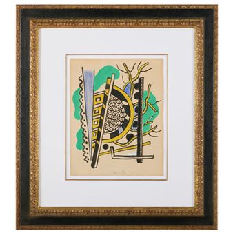 A framed abstract composition featuring a stylized bicycle against a beige background with decorative borders.