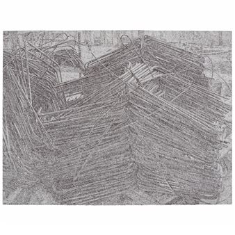 A monochromatic drawing of tangled metal rods and wires.