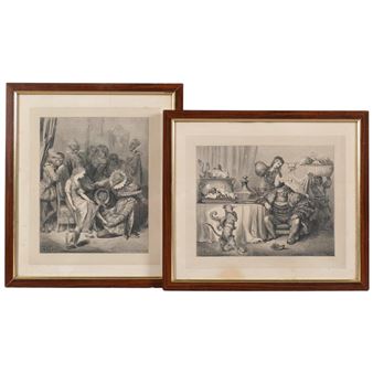 Two framed black-and-white etchings depicting crowded historical scenes with figures in period clothing.