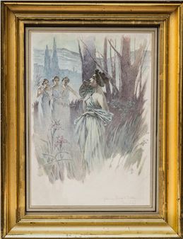 A watercolor illustration of three figures in a forest setting.