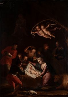 A dramatic religious scene depicting the birth of a child in a manger, surrounded by figures and celestial beings.