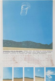 A composite artwork blending a desert landscape with a sky-sketched tornado and smaller inset images.