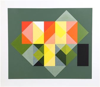 A geometric abstract composition featuring overlapping diamond shapes in warm and cool tones against a muted green background.