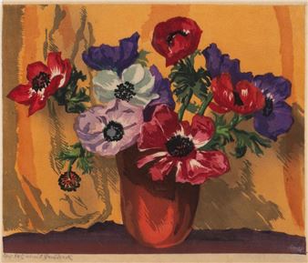 A vibrant still life of colorful anemones in a reddish vase against a warm yellow background.