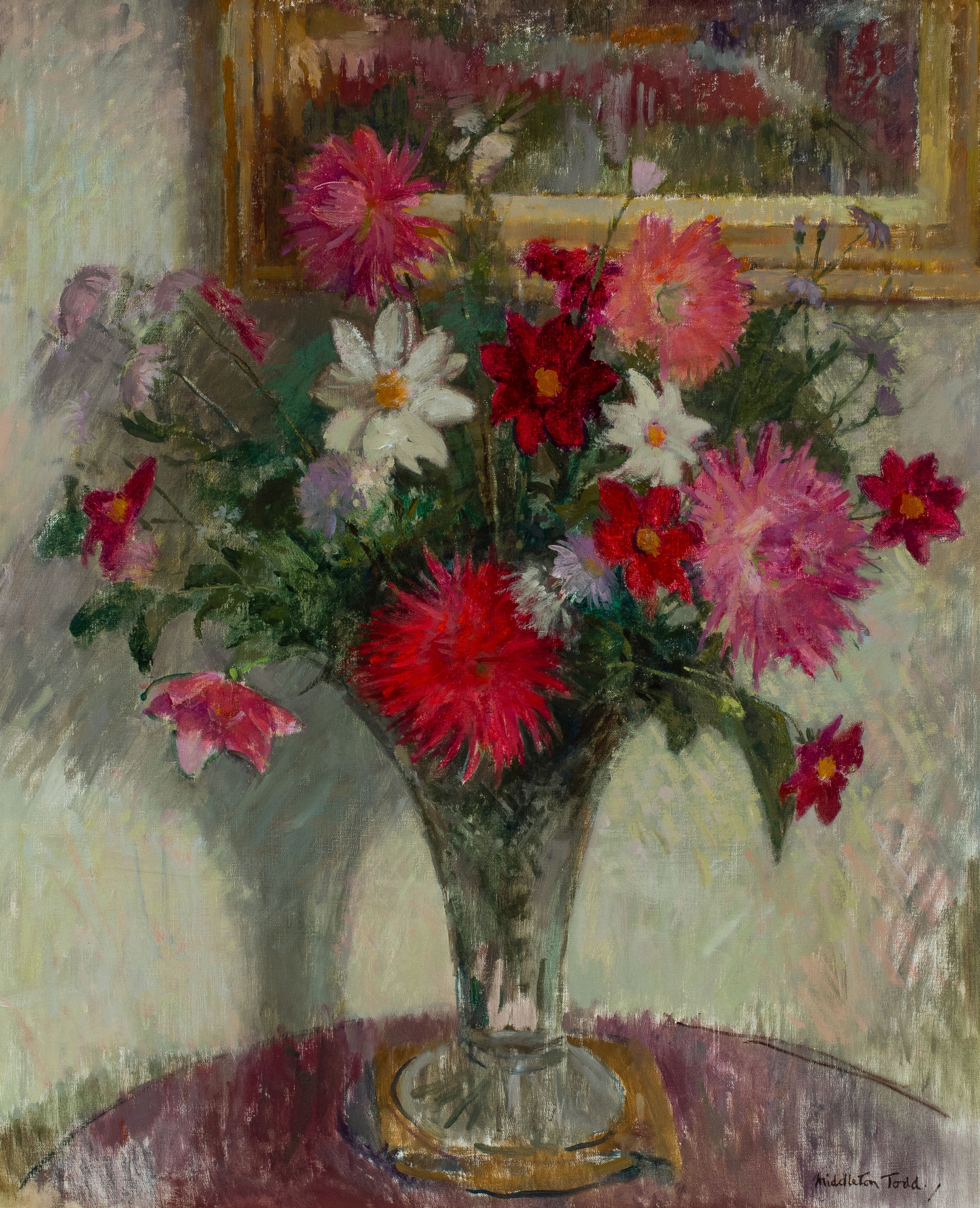 A vibrant still life of mixed flowers in a glass vase, rendered with loose brushstrokes and a warm color palette.