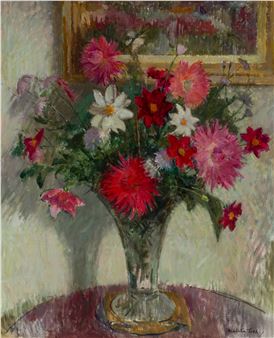 A vibrant still life of mixed flowers in a glass vase, rendered with loose brushstrokes and a warm color palette.