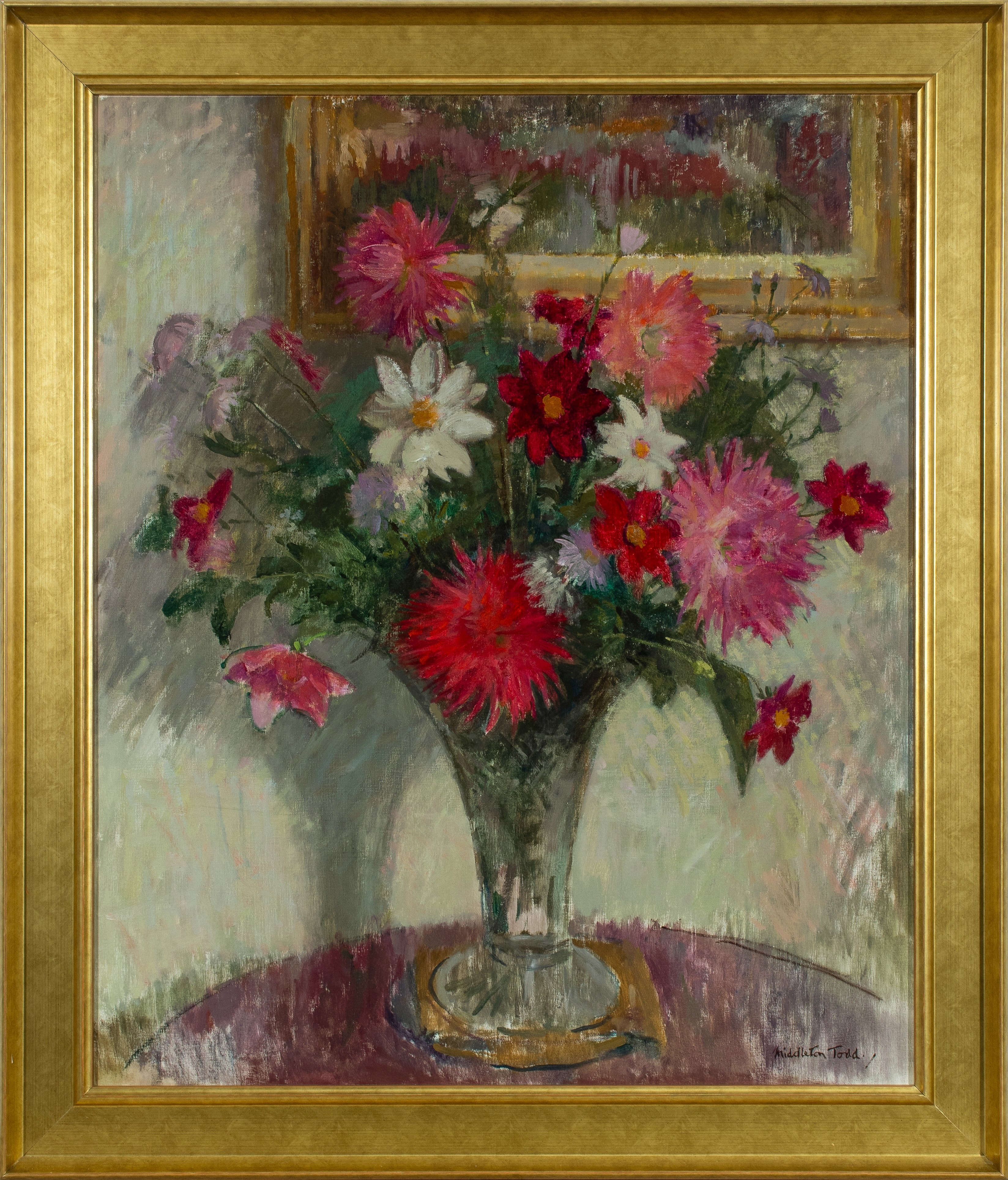 A vibrant still life of mixed flowers in a glass vase, rendered with loose brushstrokes and a warm color palette.