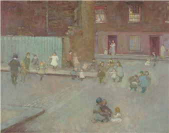 A soft, impressionistic street scene filled with small figures playing and interacting in front of a brick building.