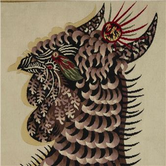 A stylized textile portrait of a figure with layered feathers and a radiant red sun motif.