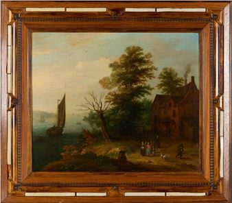 A classical landscape painting of a riverside scene featuring a house, trees, and figures near the water.