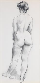 A monochromatic sketch of a nude figure viewed from behind.