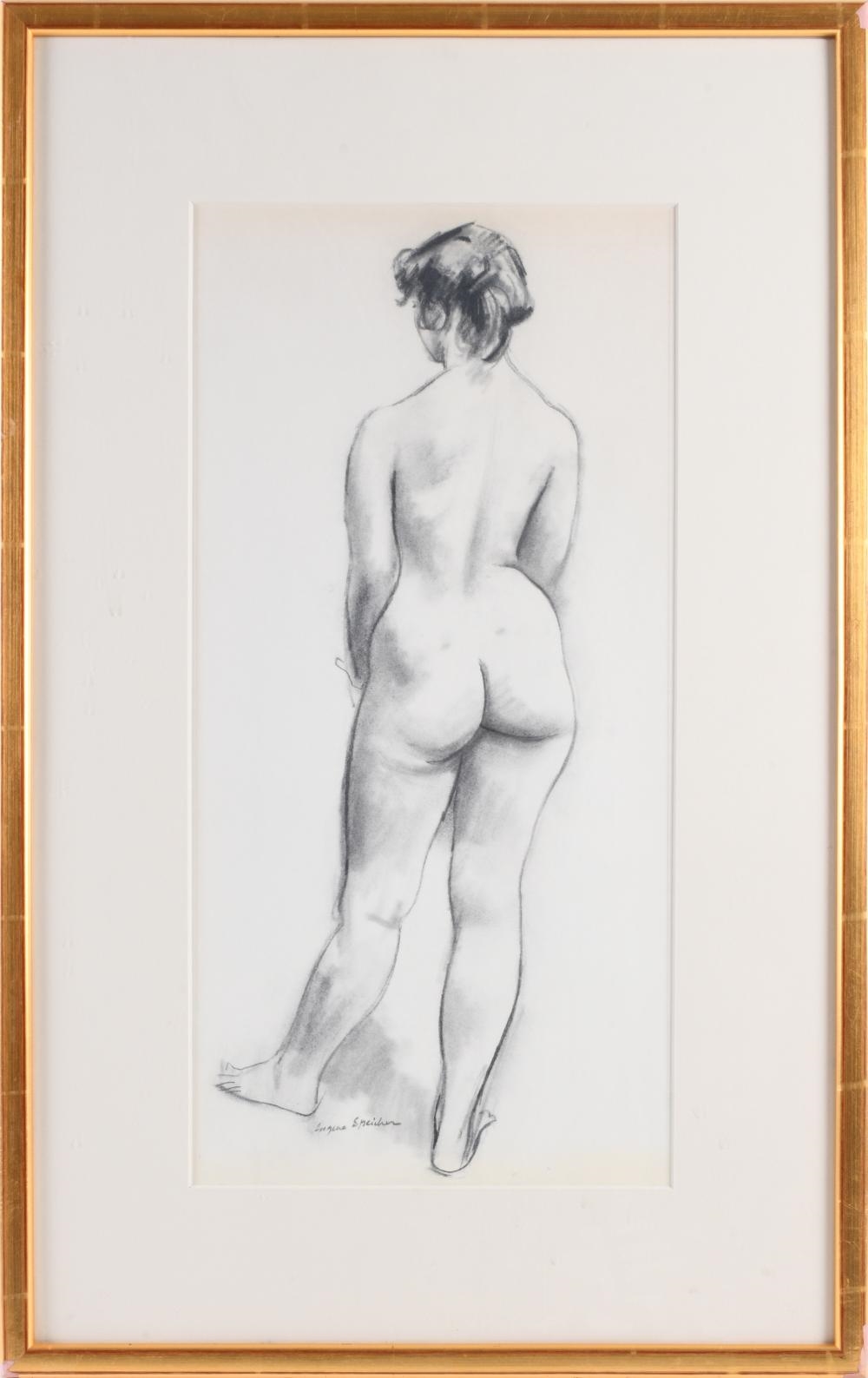 A monochromatic sketch of a nude figure viewed from behind.