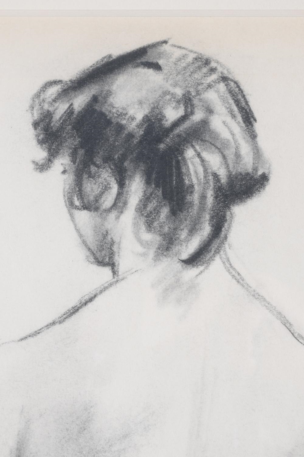 A monochromatic sketch of a nude figure viewed from behind.