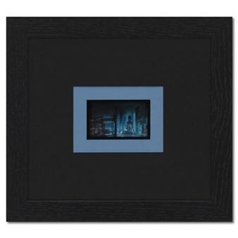 A framed miniature diorama of a dimly lit room with a central figure.