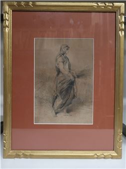 "A framed charcoal sketch of a robed figure holding a bundle of wheat."