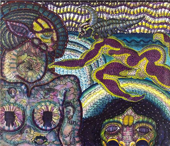 A psychedelic collage featuring a face with an animal head, surrounded by abstract patterns and creatures.