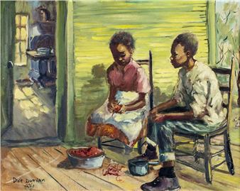A quiet domestic scene of two children sitting on a porch, engaged in food preparation.