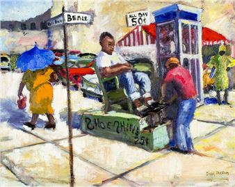 A vibrant street scene capturing a shoe shine stand amidst a bustling urban environment.