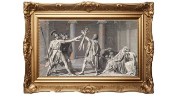 A classical print in an ornate frame depicts a dramatic scene of figures in ancient attire, one raising a bundle while others react.