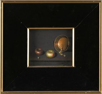 A still life painting featuring a small apple, a larger green fruit, and an overturned copper bowl with pearls on a dark surface.