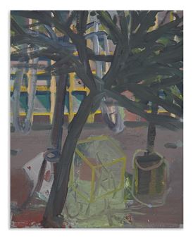 A still life painting featuring a dark tree trunk and branches against a colorful, abstract background.