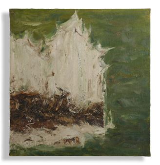 A textured painting of a white, jagged structure rising from dark earth against a green background.